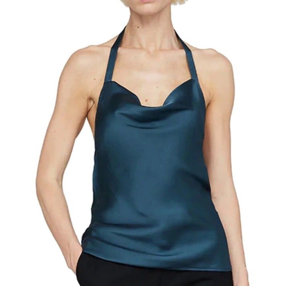 Anine Bing Teal Satin Halter Cowl Neck Camisole
